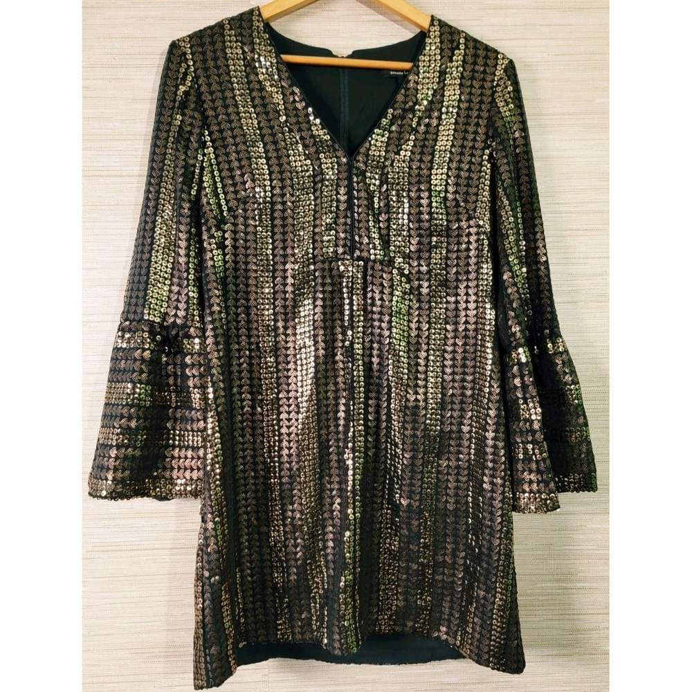 Nanette Lepore $398 Womens Sequin Dress Bronze Black Long Sleeve Size 8